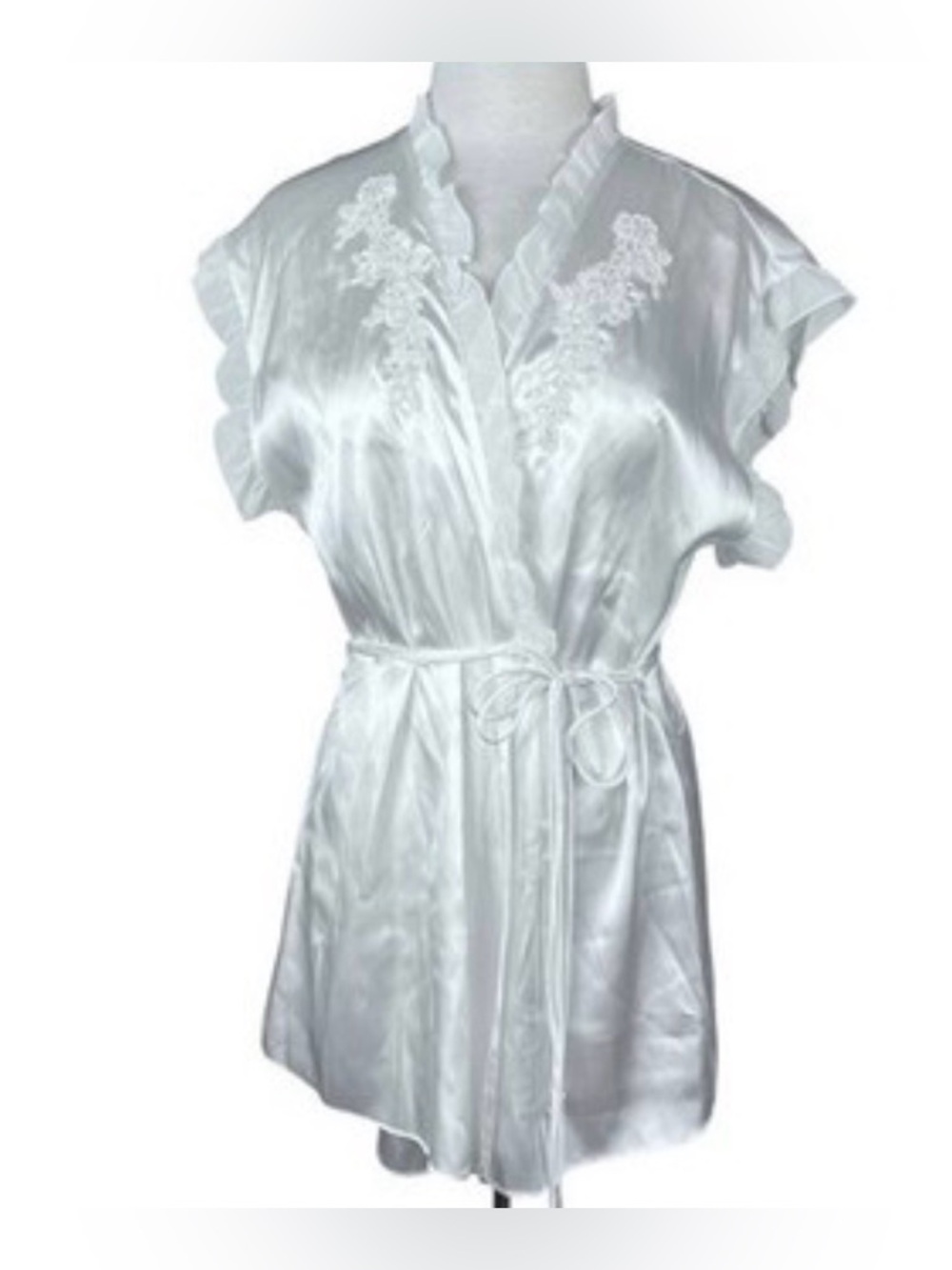 Donatella White Satin Short Robe Womens Large Tie Waist Ruffle Sequin Bead SZM